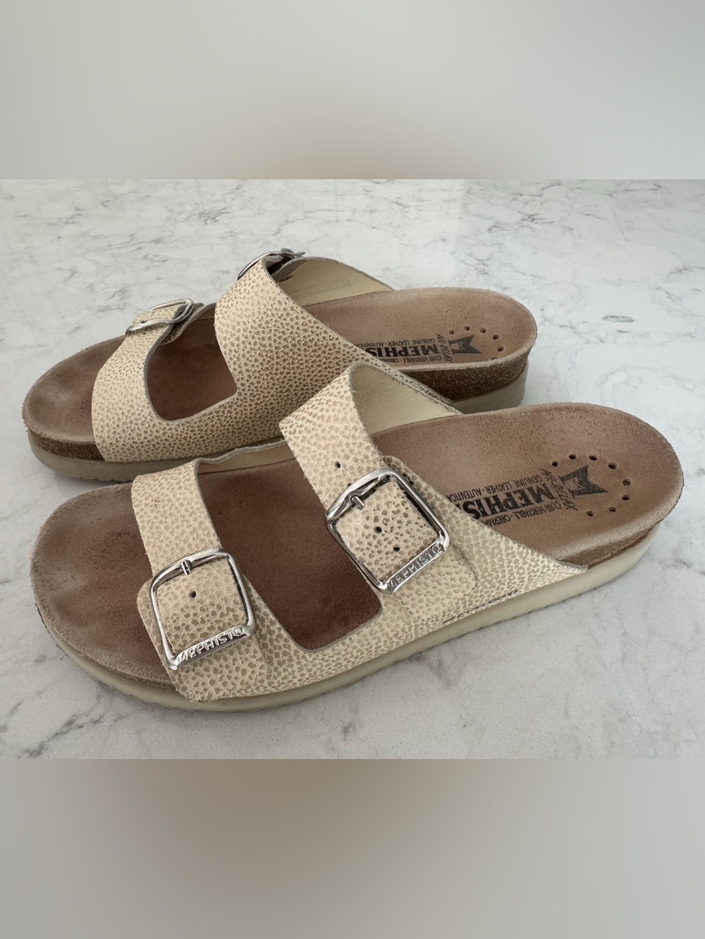 Mephisto Women's Harmony Light Sand Textured Double-Buckle Slide Sandals